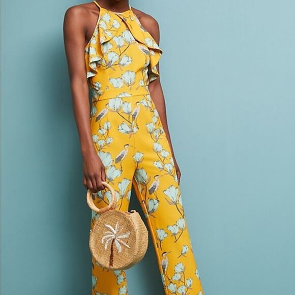Anthropologie Pants - Anthropologie Varun Bahl Yellow Ruffled Floral Jumpsuit